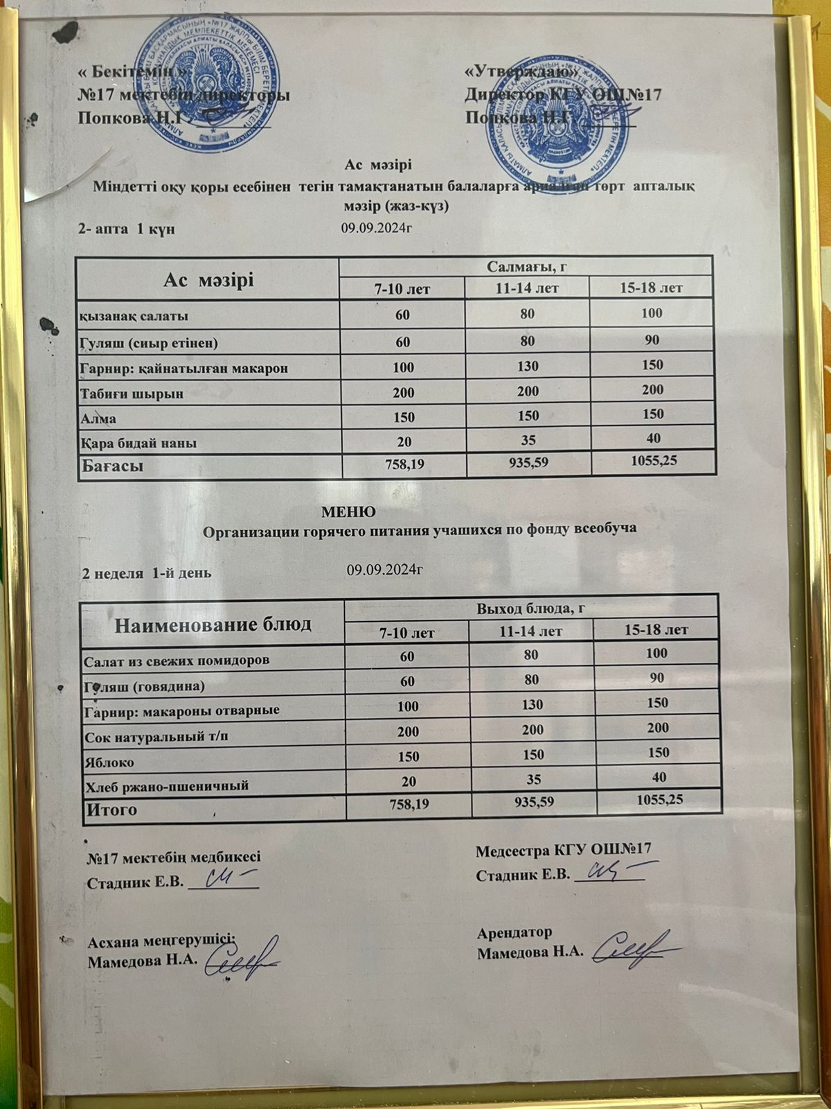 Меню по питанию 09.09.2024ж. Меню 09.09.2024г.