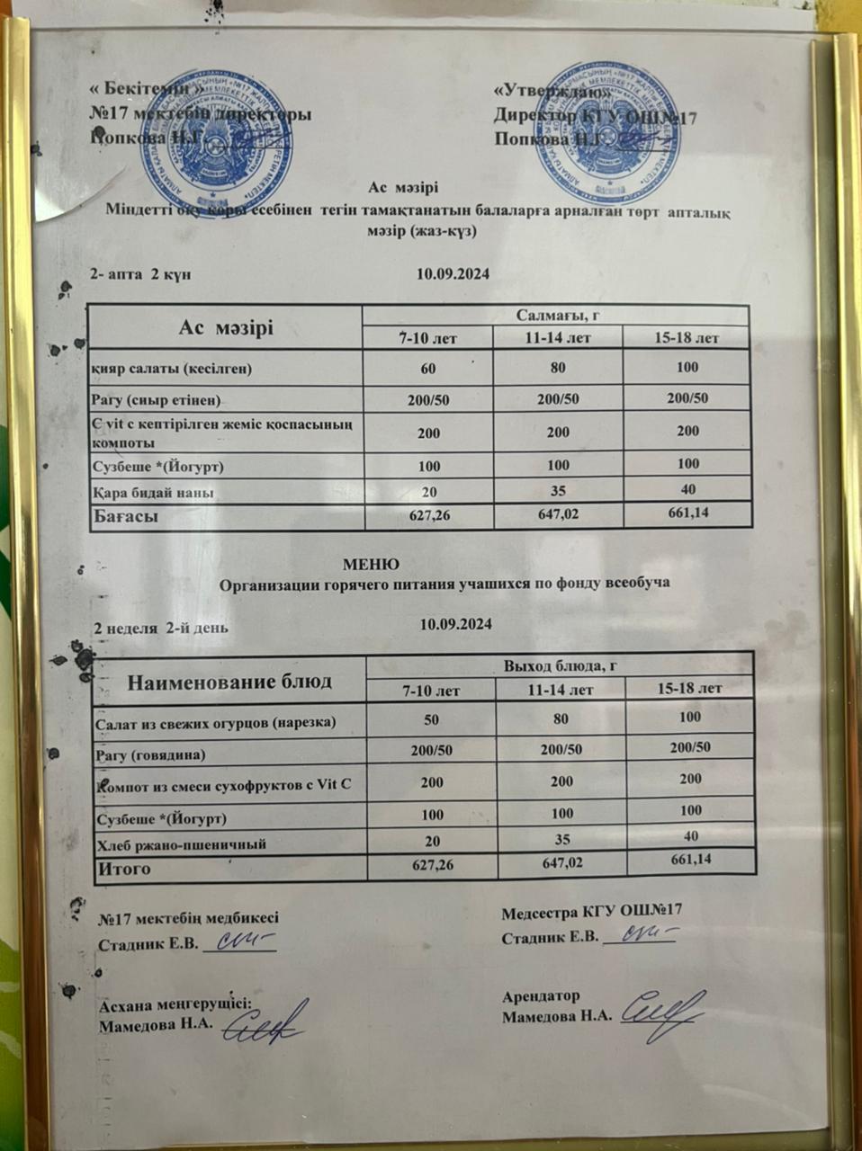 Меню по питанию 10.09.2024ж. Меню 10.09.2024г.