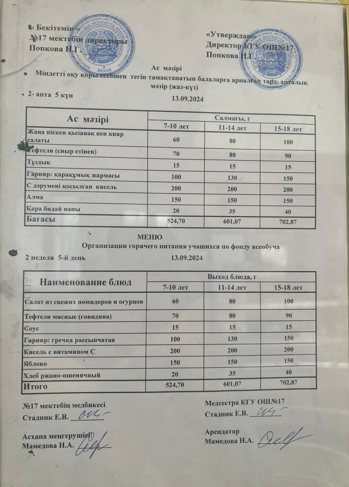 Меню по питанию 13.09.2024ж. Меню 13.09.2024г.