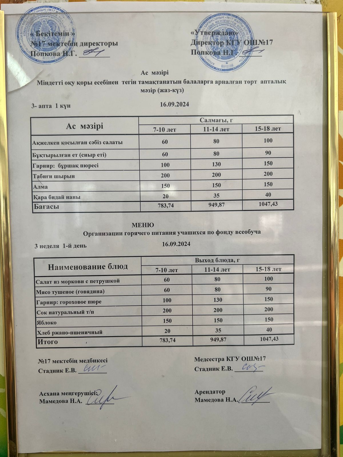 Меню по питанию 16.09.2024ж. Меню 16.09.2024г.