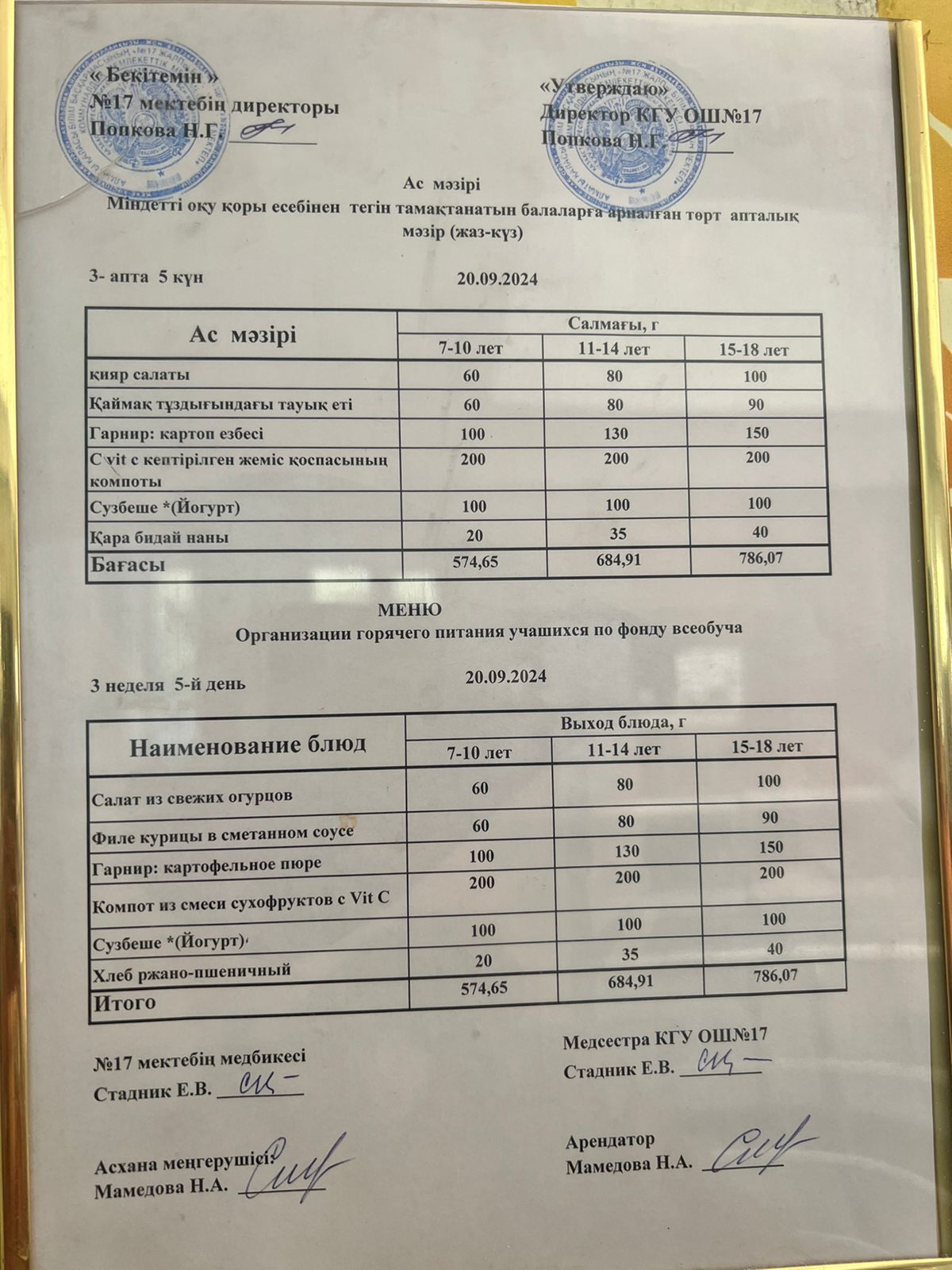 Меню по питанию 20.09.2024ж. Меню 20.09.2024г.