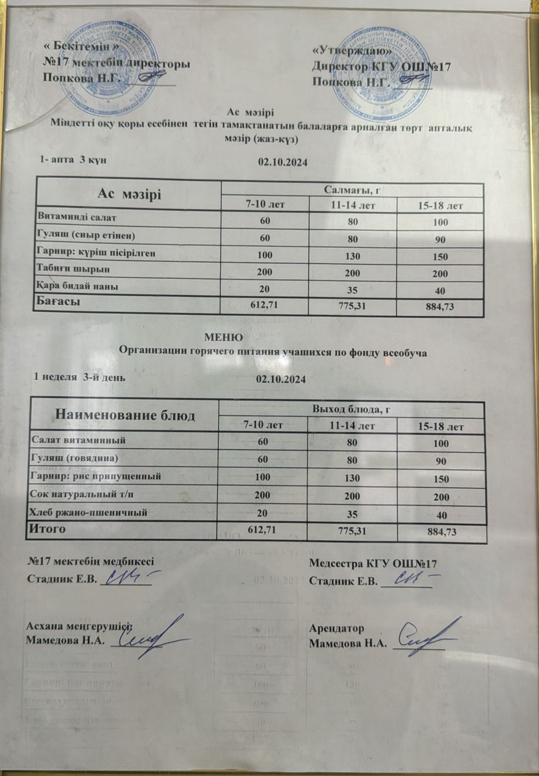 Ас мәзірі 02.10.2024ж. Меню 02.10.2024г.