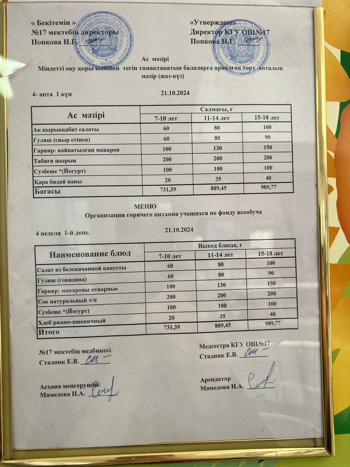 Ас мәзірі 21.10.2024ж. Меню 21.10.2024г.