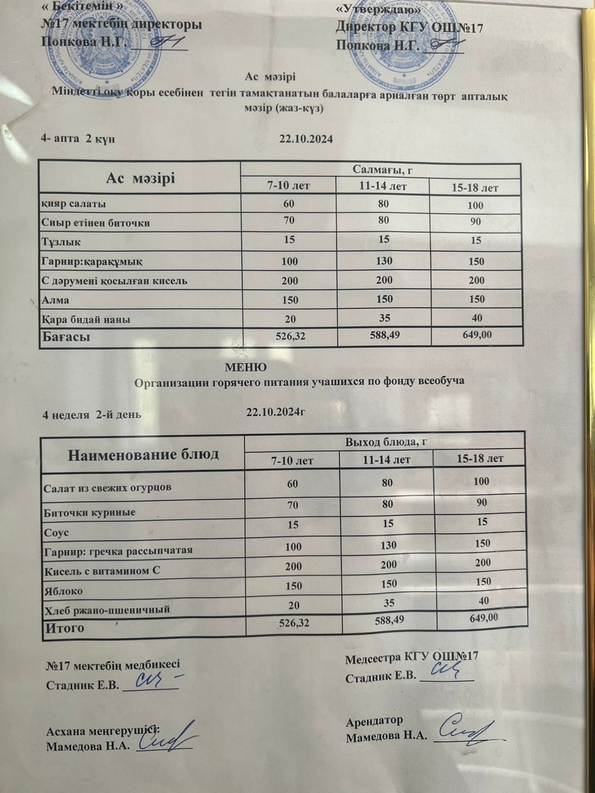 Ас мәзірі 22.10.2024ж. Меню 22.10.2024г.