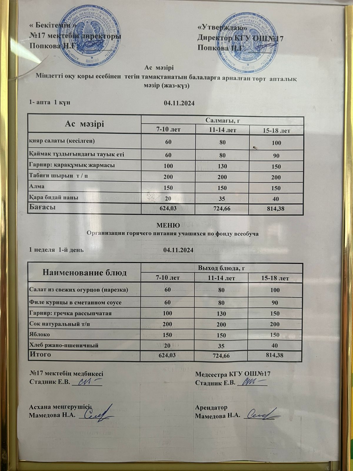 Меню по питанию 04.11.2024ж. Меню 04.11.2024г.