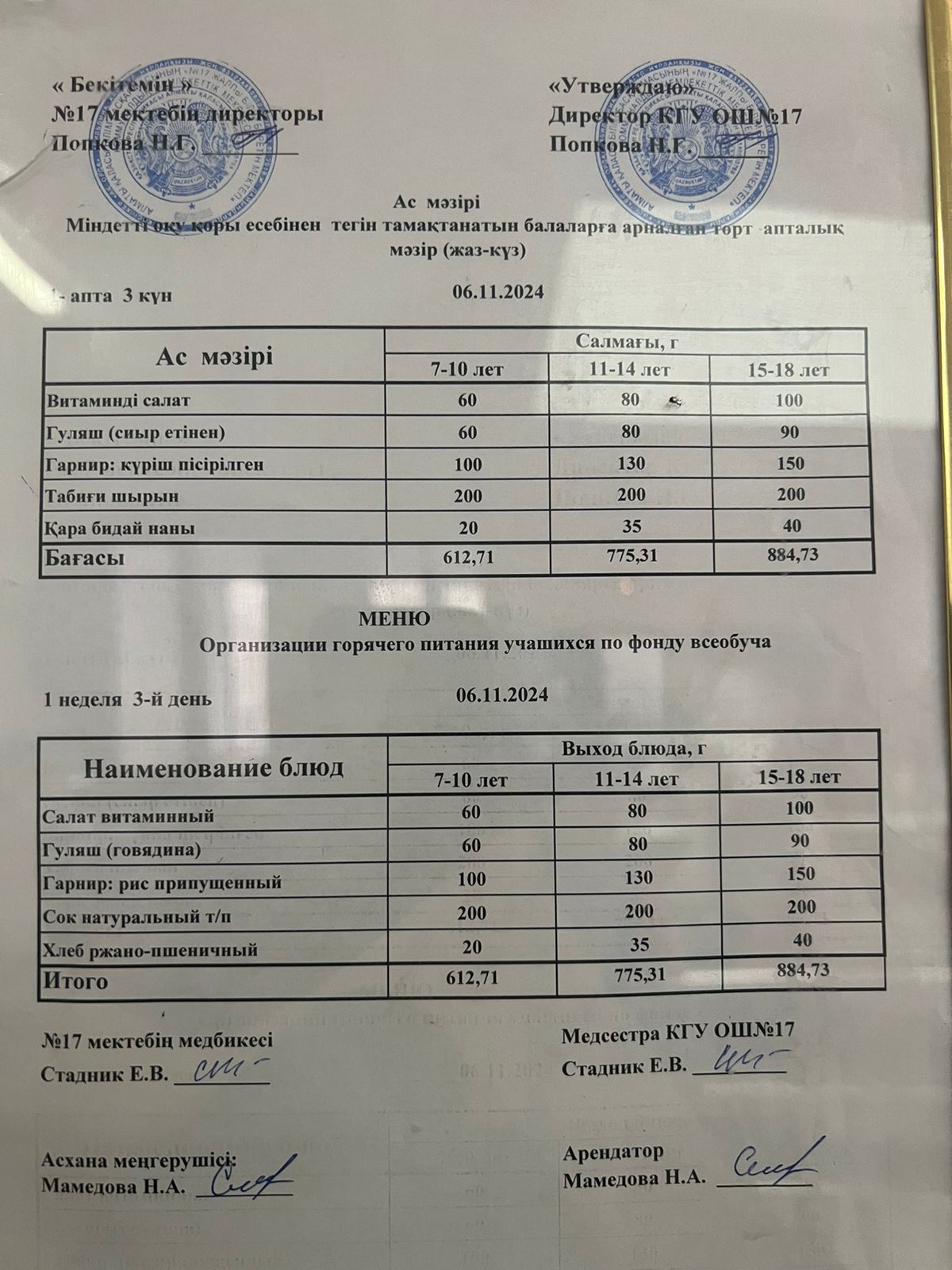 Меню по питанию 06.11.2024ж. Меню 06.11.2024г.