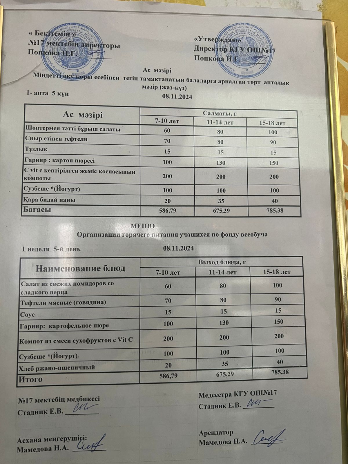 Меню по питанию 08.11.2024ж. Меню 08.11.2024г.