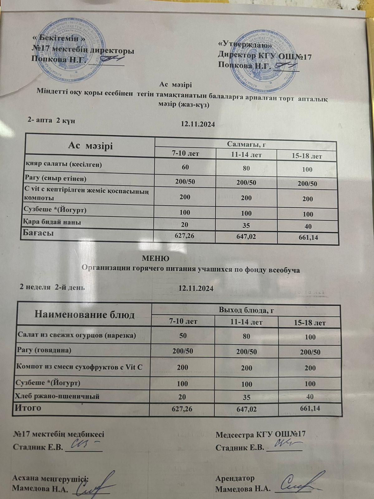 Меню по питанию 12.11.2024ж. Меню 12.11.2024г.