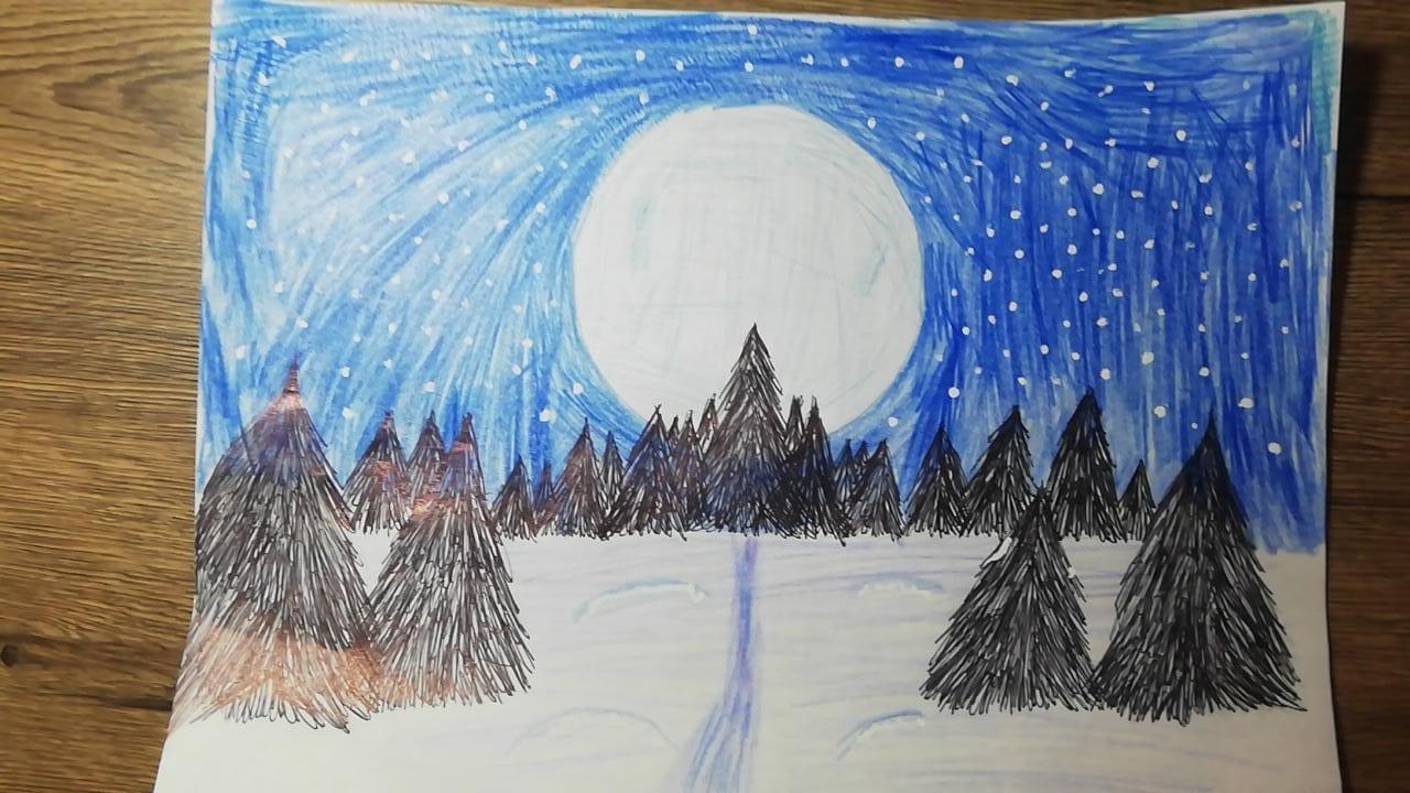 "Руханият" "Қыс кереметі" бағыты бойынша жұмыс,  4"Г"сыныбы  Токаловой София. Работа по направлению " Руханият" " Зимние прелести". Рисунок ученицы 4"Г"класса Токаловой Софии