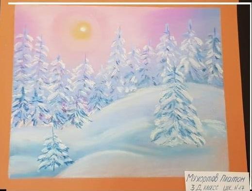 "Руханият" "Қыс кереметі" бағыты бойынша жұмыс. 3"Д" сынып оқушысы Мухортов Платонның суреті. Работа по направлению " Руханият" " Зимние прелести". Рисунок ученика 3"Д"класса Мухортова Платона.