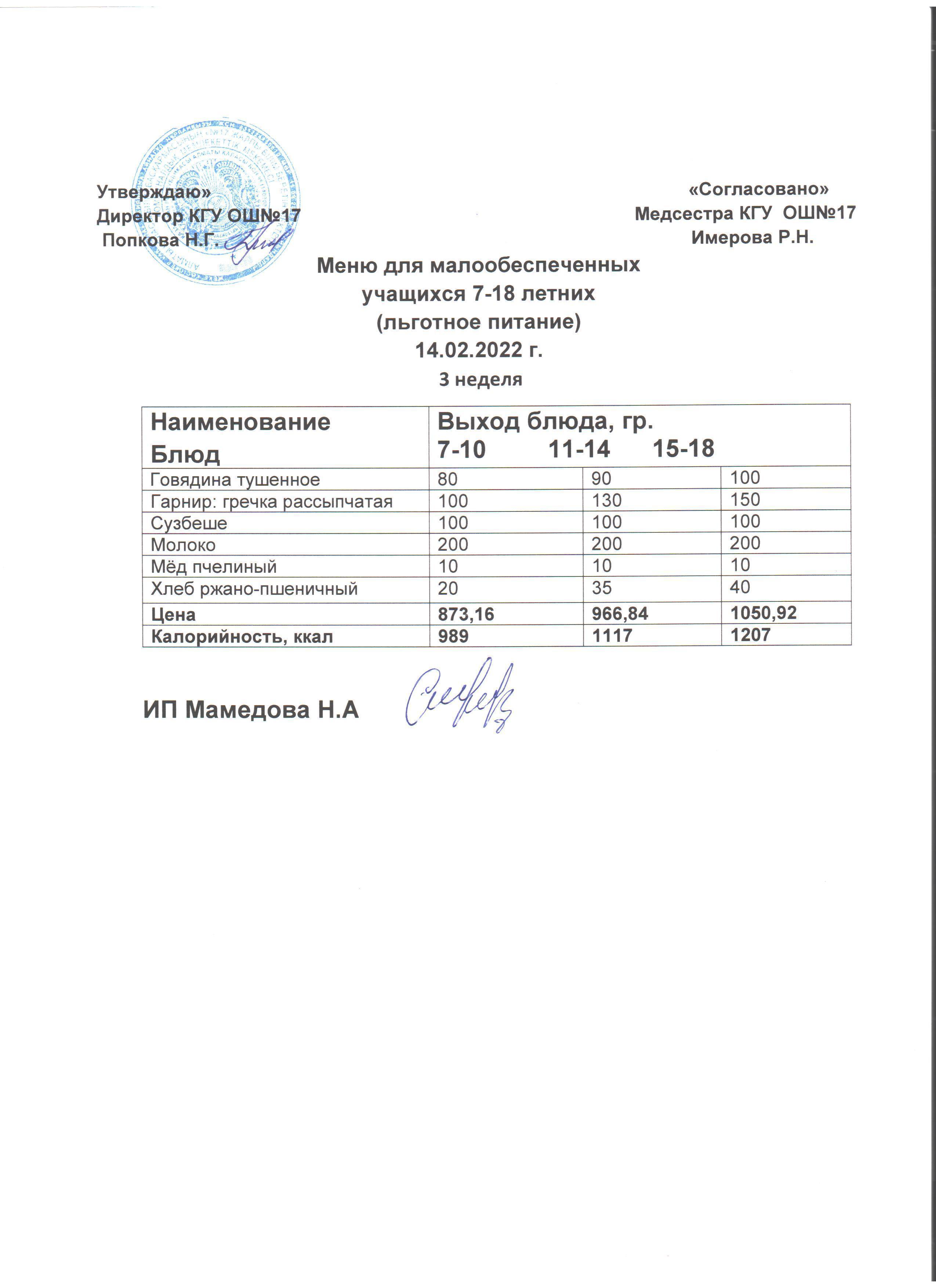 Ас мәзірі  14.02.22. Меню 14.02.22