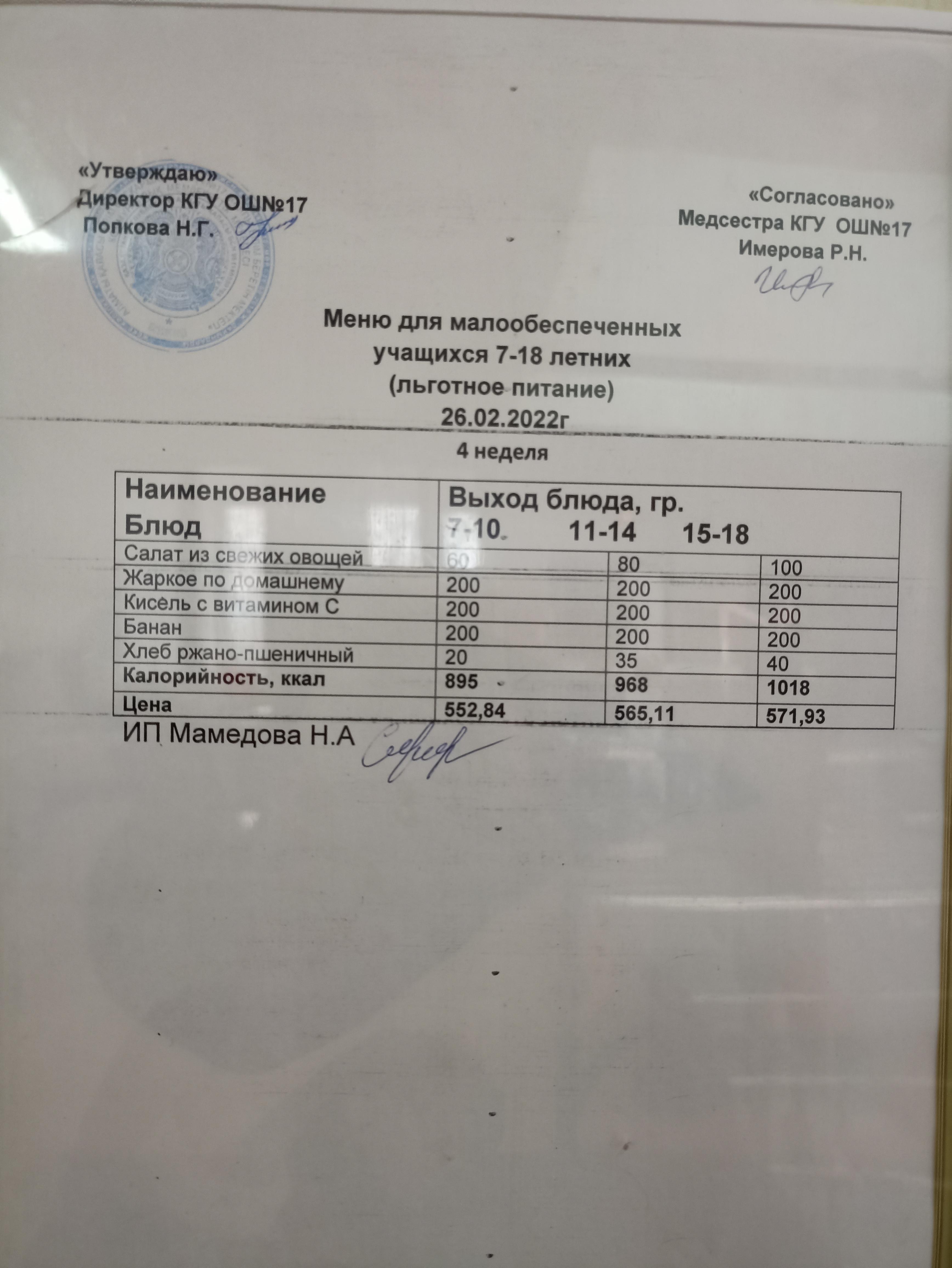 Ас мәзірі 26.02.22. Меню 26.02.22