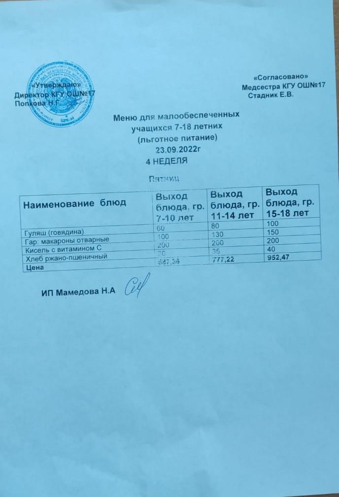 Ас мәзірі 23.09.2022. Меню  23.09.2022