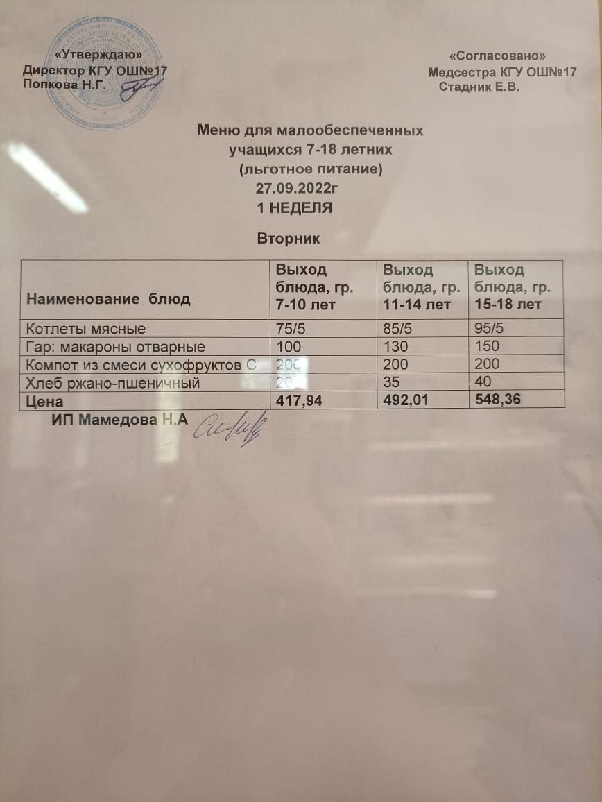 Ас мәзірі 27.09.2022. Меню  27.09.2022