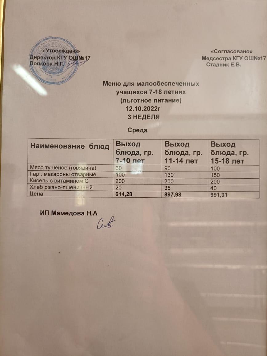 Ас мәзірі 12.10.2022. Меню 12.10.2022