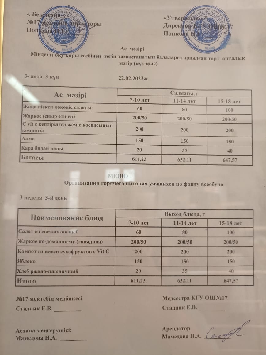 Ас мәзірі 22.02.2023ж. Меню 22.02.2023г.