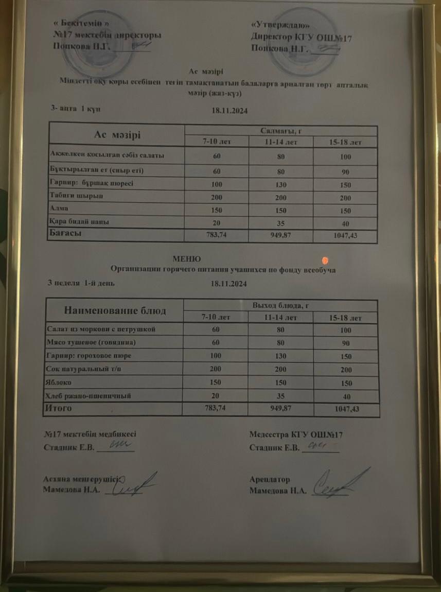 Ас мәзірі 18.11.2024ж. Меню 18.11.2024г.