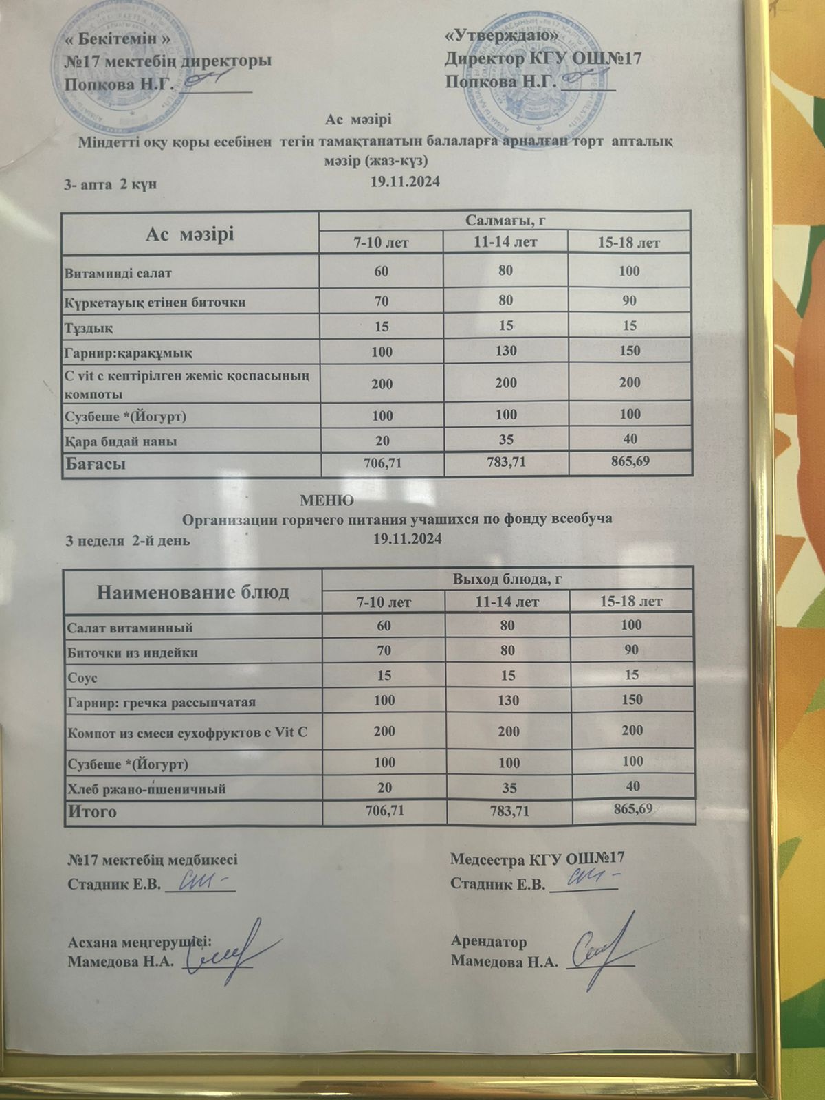 Ас мәзірі 19.11.2024ж. Меню 19.11.2024г.