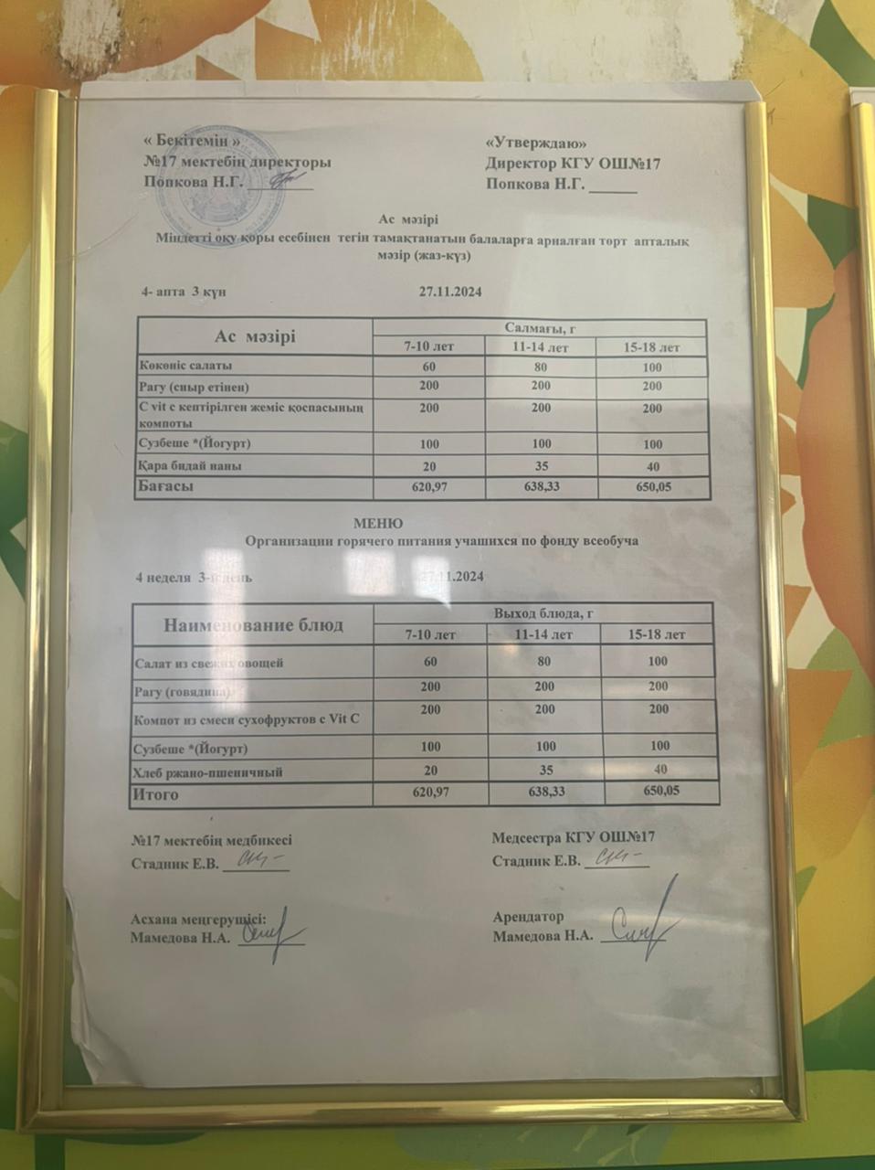 Ас мәзірі 27.11.2024ж. Меню 27.11.2024г.