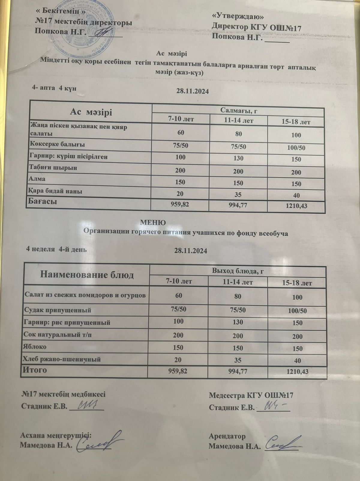 Ас мәзірі 28.11.2024ж. Меню 28.11.2024г.