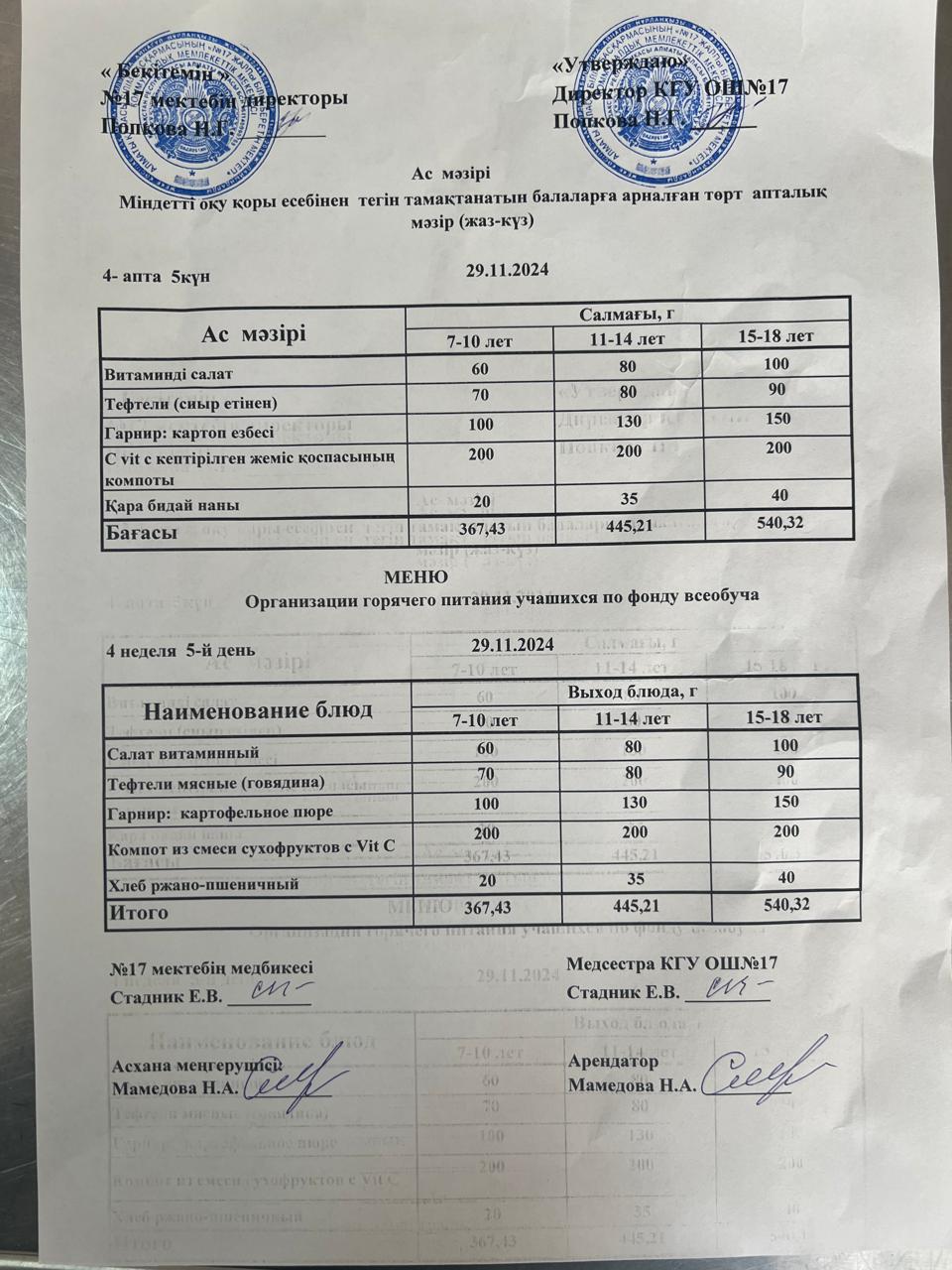Ас мәзірі 29.11.2024ж. Меню 29.11.2024г.