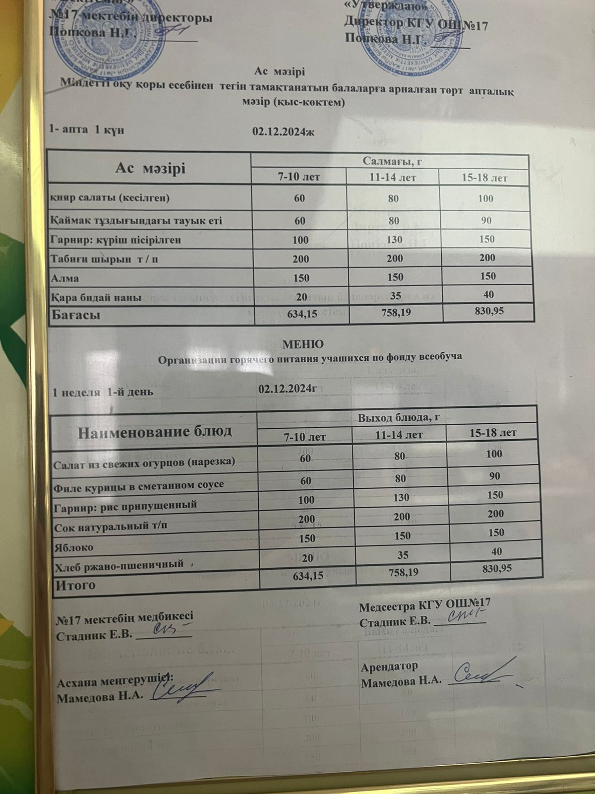 Ас мәзірі 02.12.2024ж. Меню 02.12.2024г.