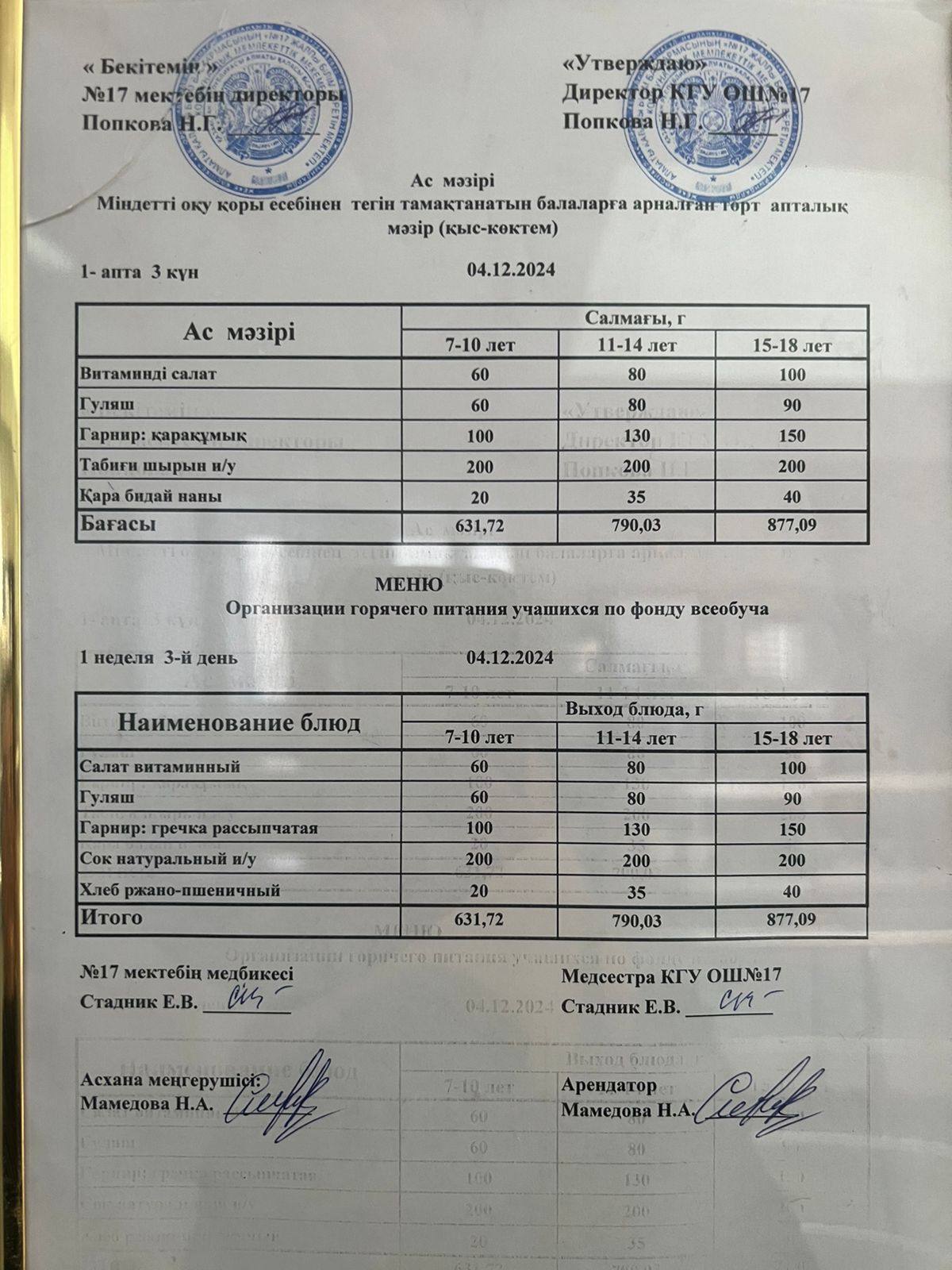 Ас мәзірі 04.12.2024ж. Меню 04.12.2024г.