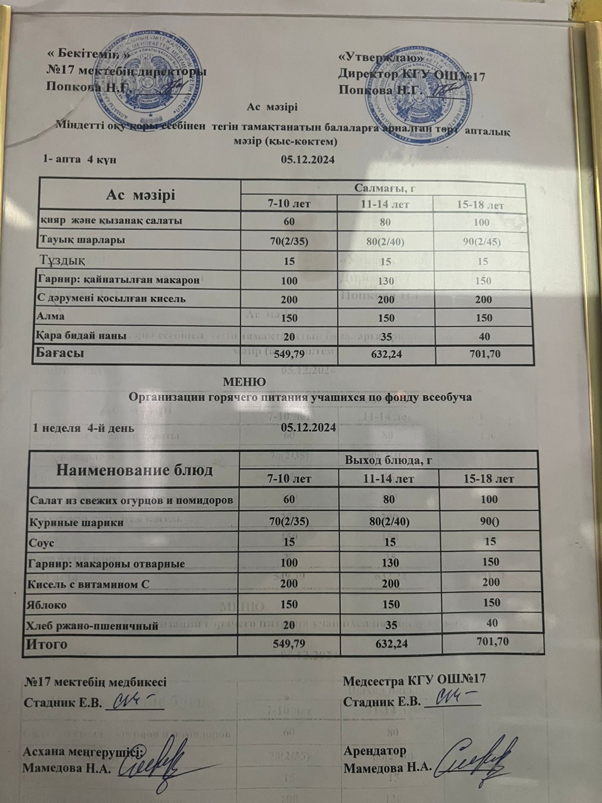 Ас мәзірі 05.12.2024ж. Меню 05.12.2024г.