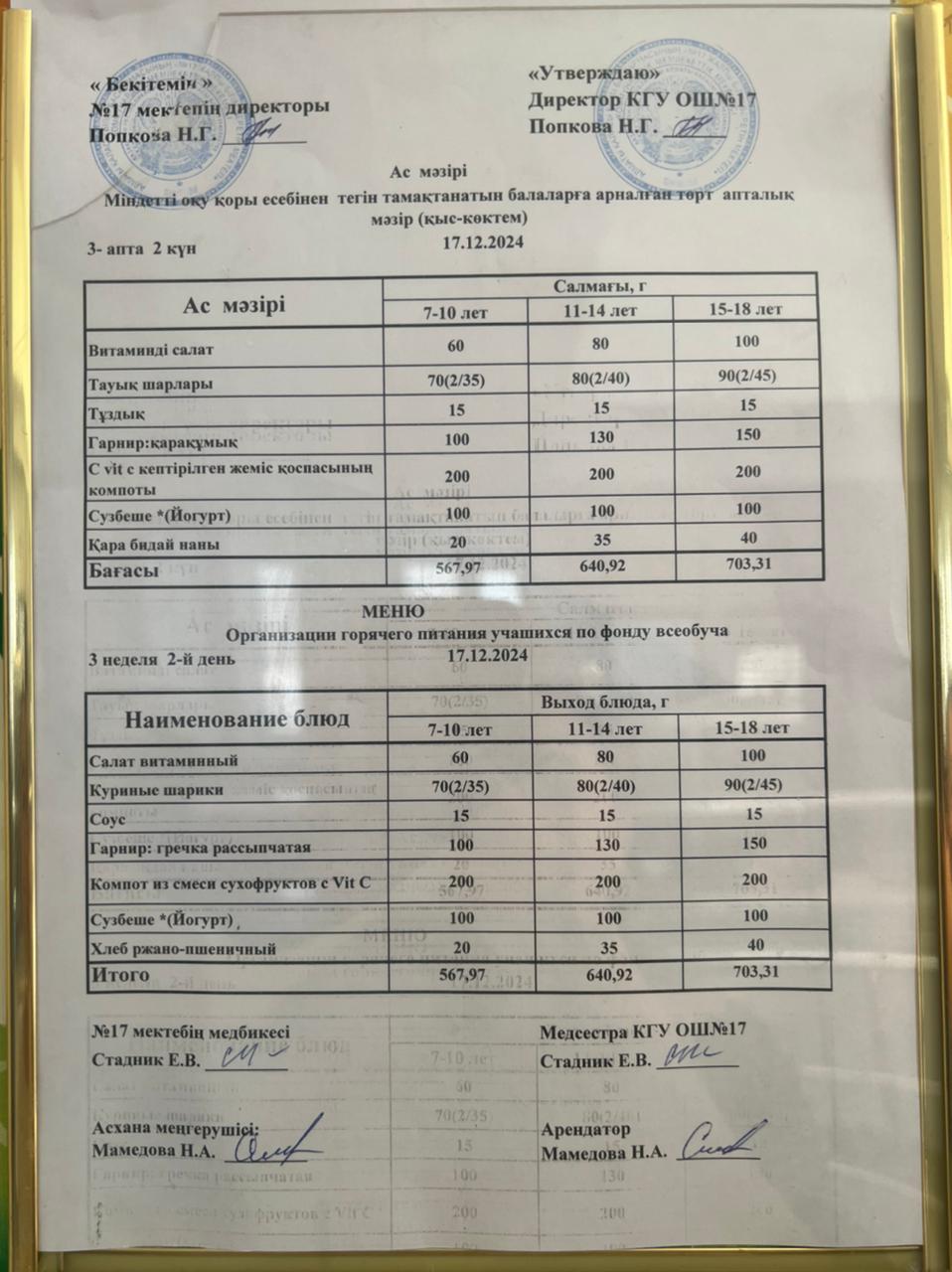 Ас мәзірі 17.12.2024ж. Меню 17.12.2024г.