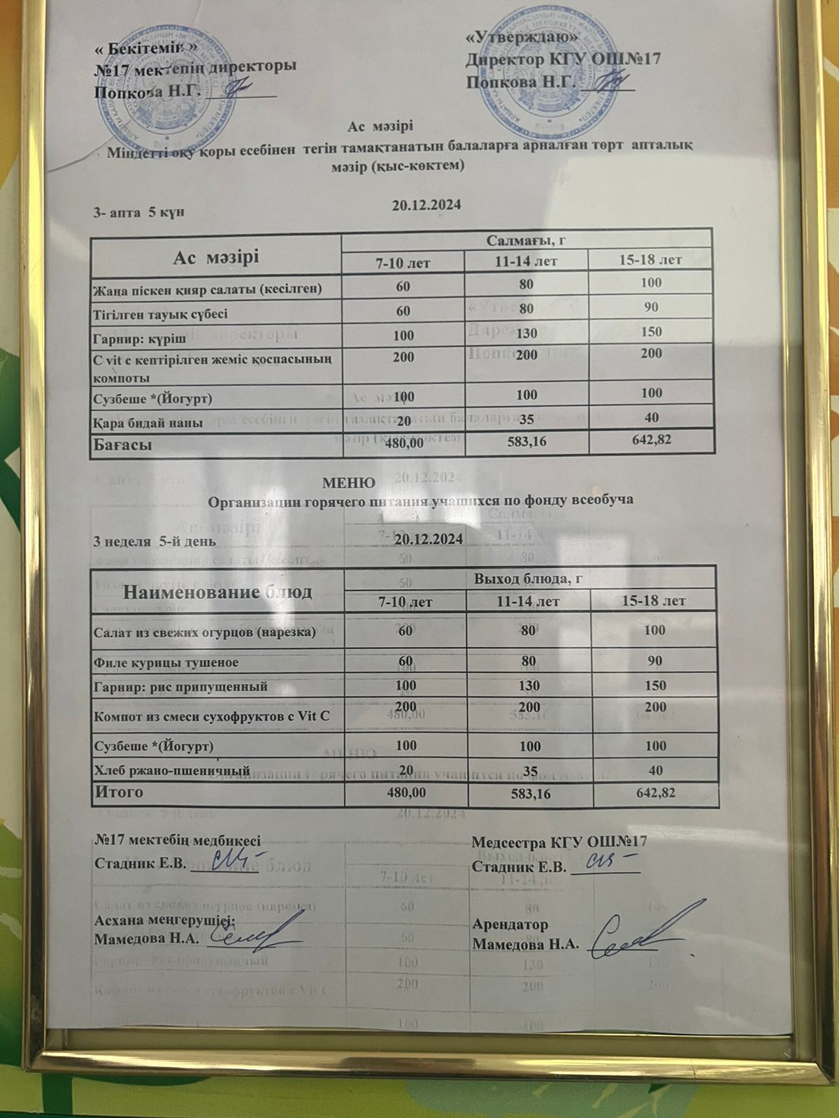 Ас мәзірі 20.12.2024ж. Меню 20.12.2024г.