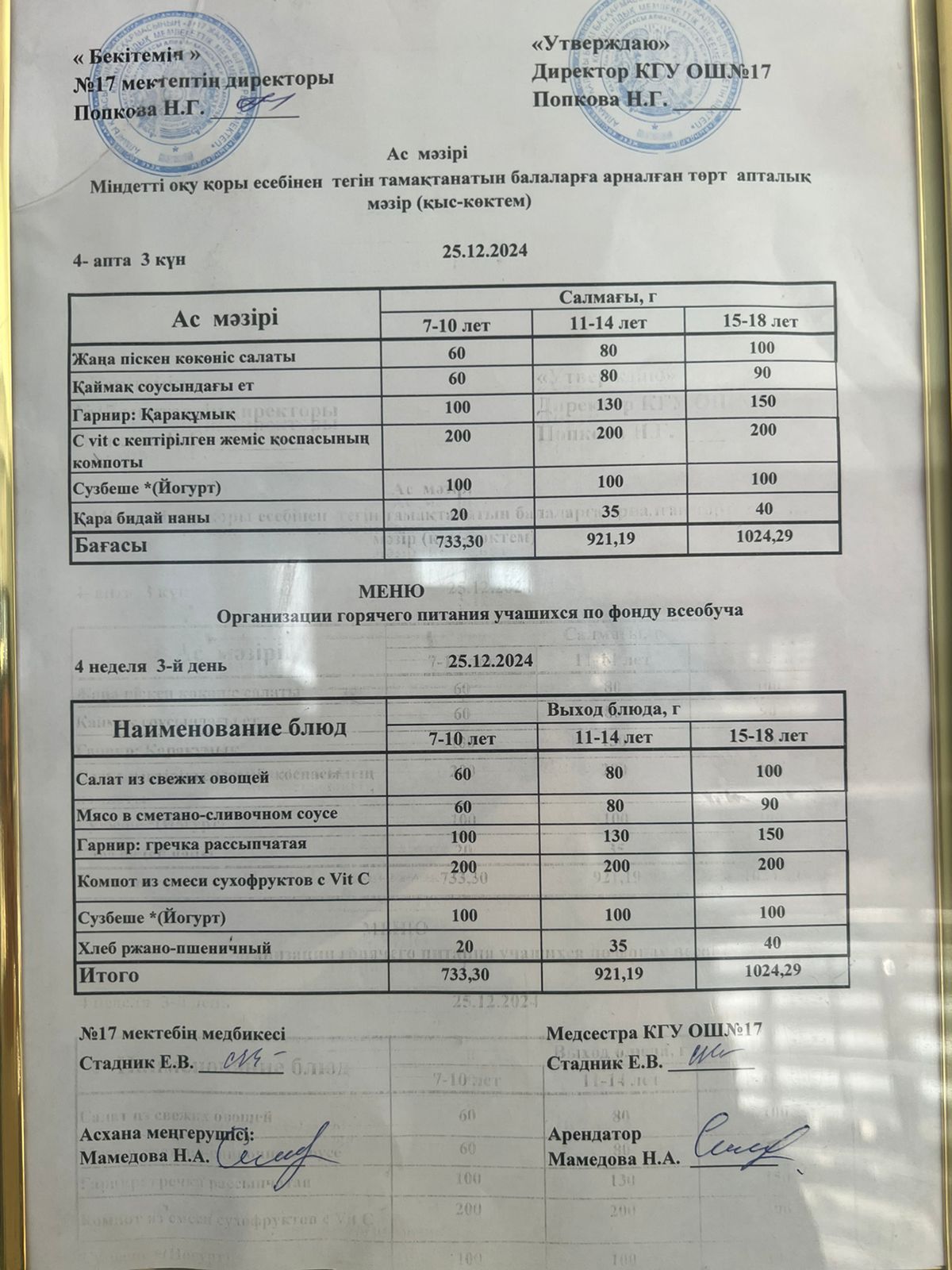 Ас мәзірі 25.12.2024ж. Меню 25.12.2024г.