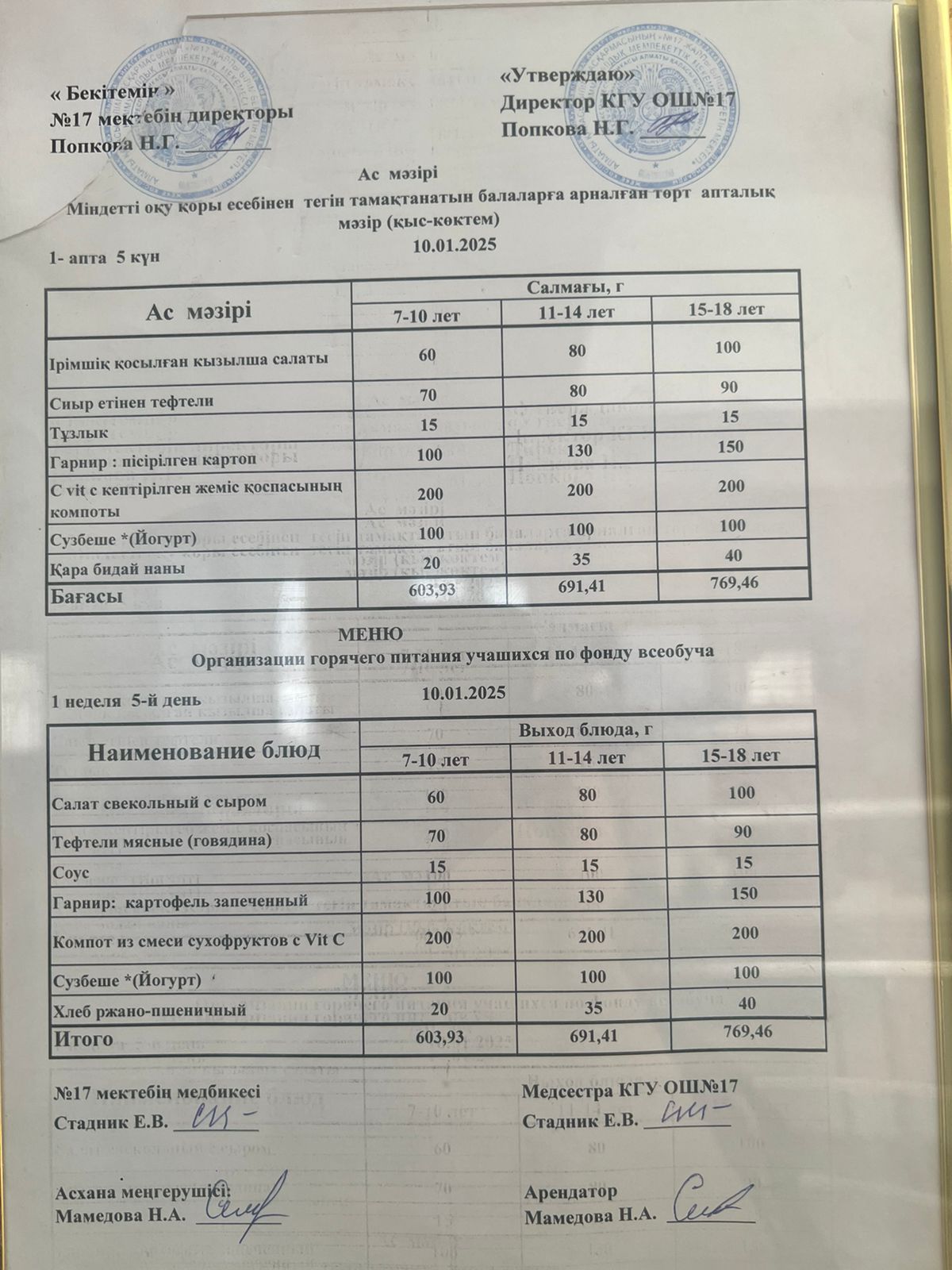 Ас мәзірі 10.01.2025ж. Меню 10.01.2025г.