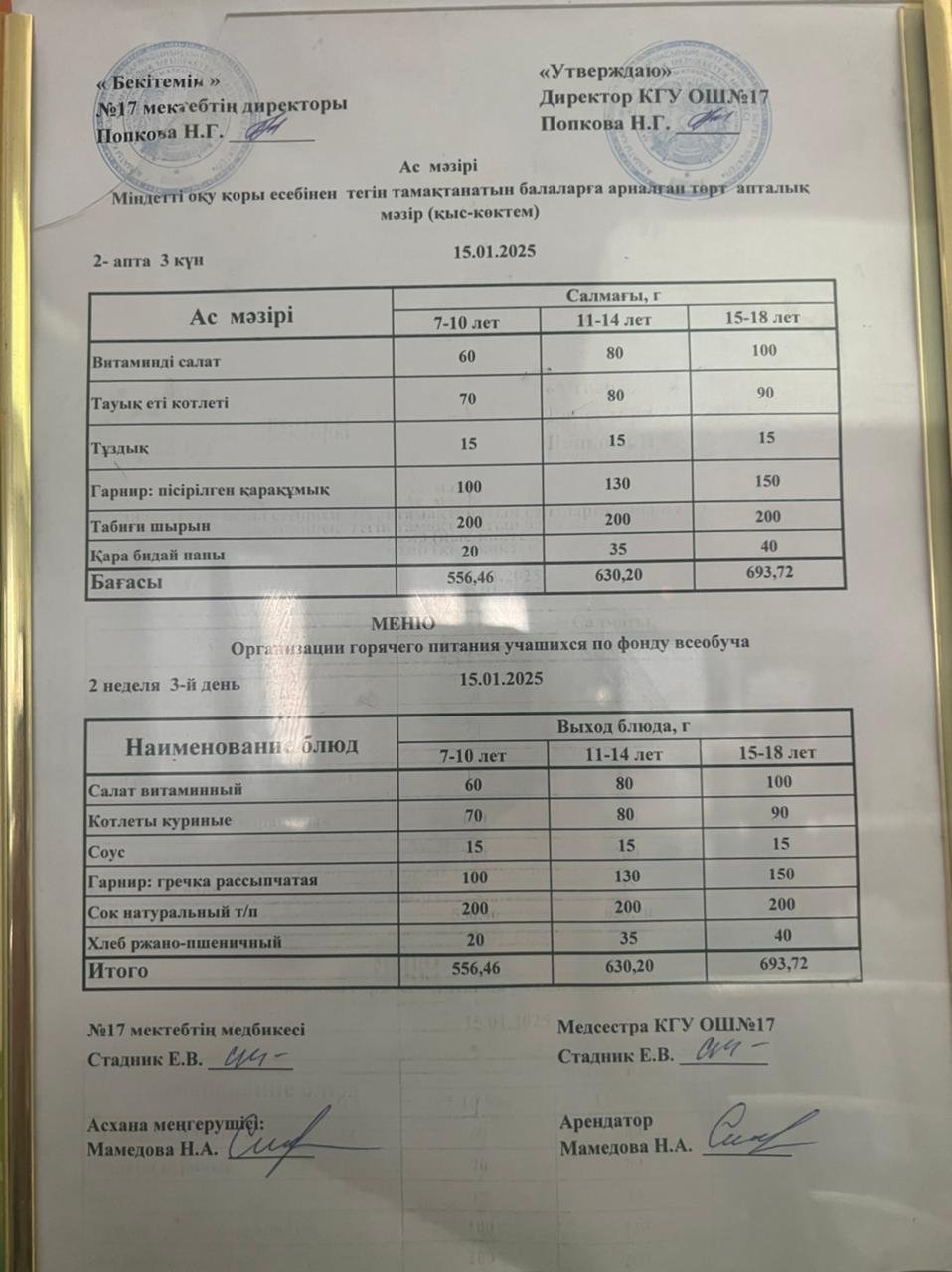 Ас мәзірі 15.01.2025ж. Меню 15.01.2025г.