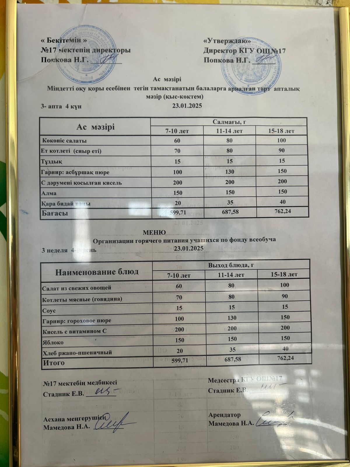 Ас мәзірі 23.01.2025ж. Меню 23.01.2025г.