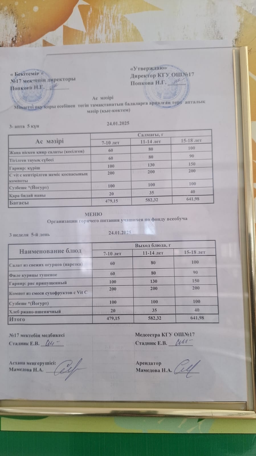Ас мәзірі 24.01.2025ж. Меню 24.01.2025г.
