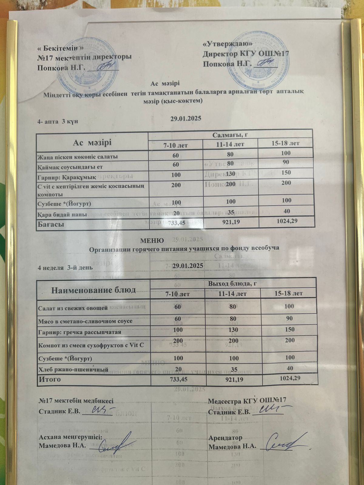 Ас мәзірі 29.01.2025ж. Меню 29.01.2025г.