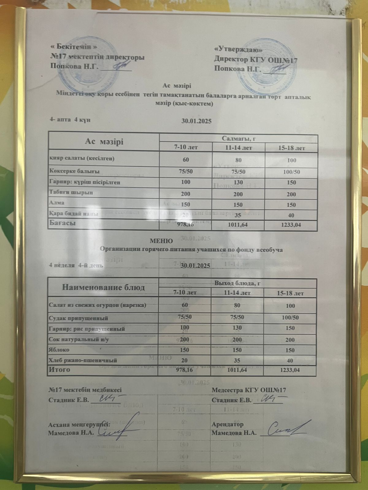 Ас мәзірі 30.01.2025ж. Меню 30.01.2025г.