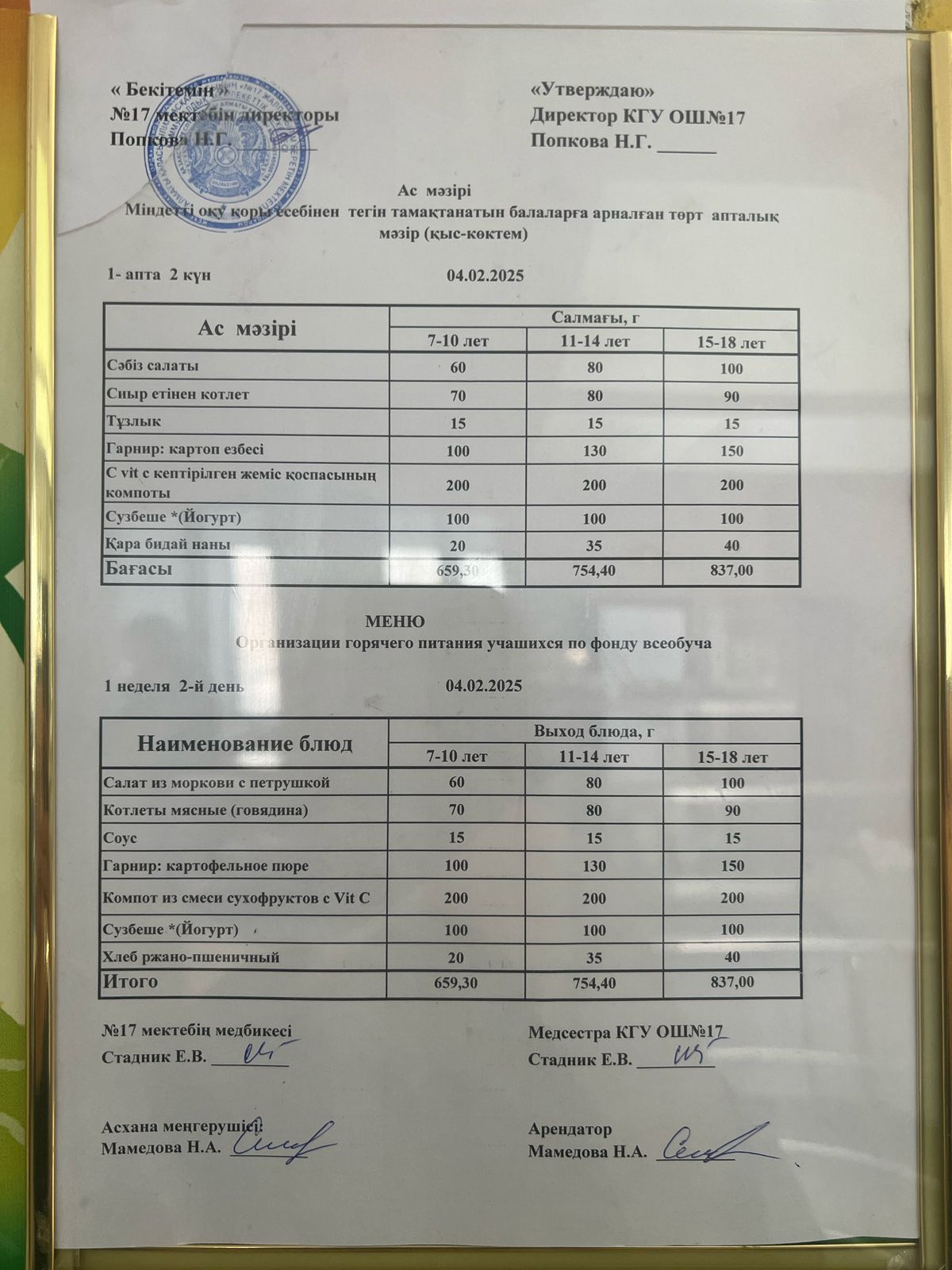 Ас мәзірі 04.02.2025ж. Меню 04.02.2025г.