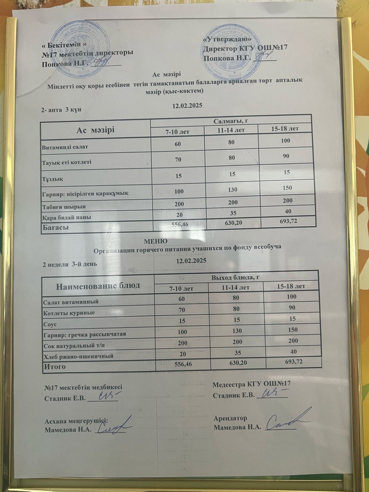 Ас мәзірі 12.02.2025ж. Меню 12.02.2025г.
