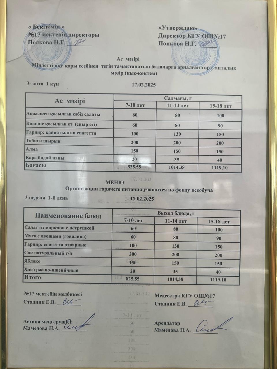 Ас мәзірі 17.02.2025ж. Меню 17.02.2025г.