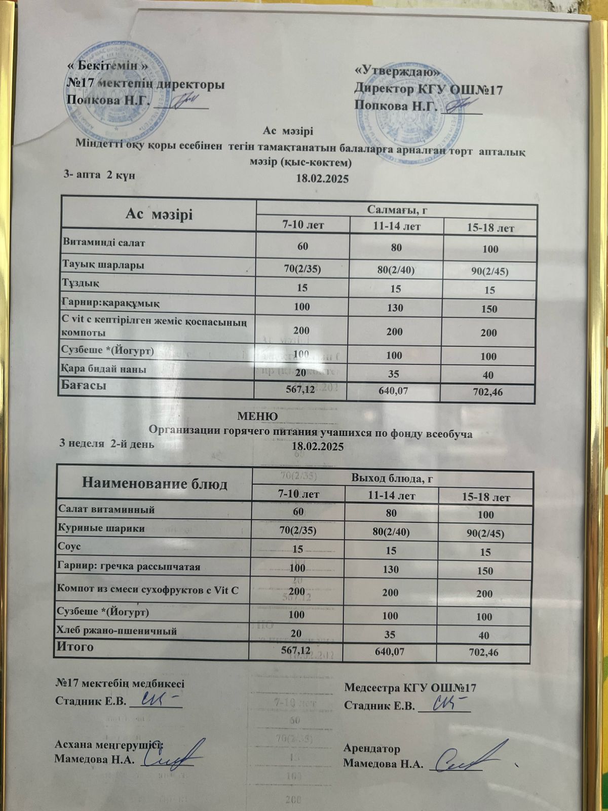 Ас мәзірі 18.02.2025ж. Меню 18.02.2025г.