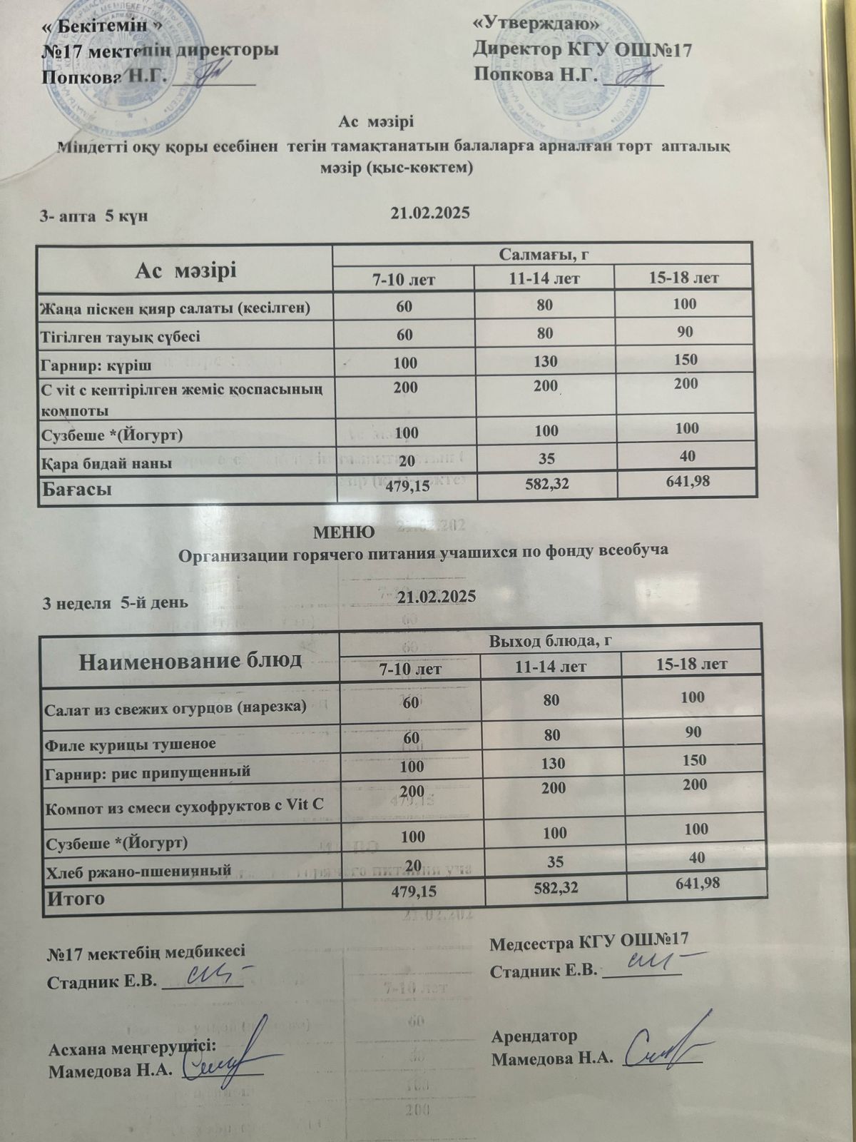 Ас мәзірі 21.02.2025ж. Меню 21.02.2025г.