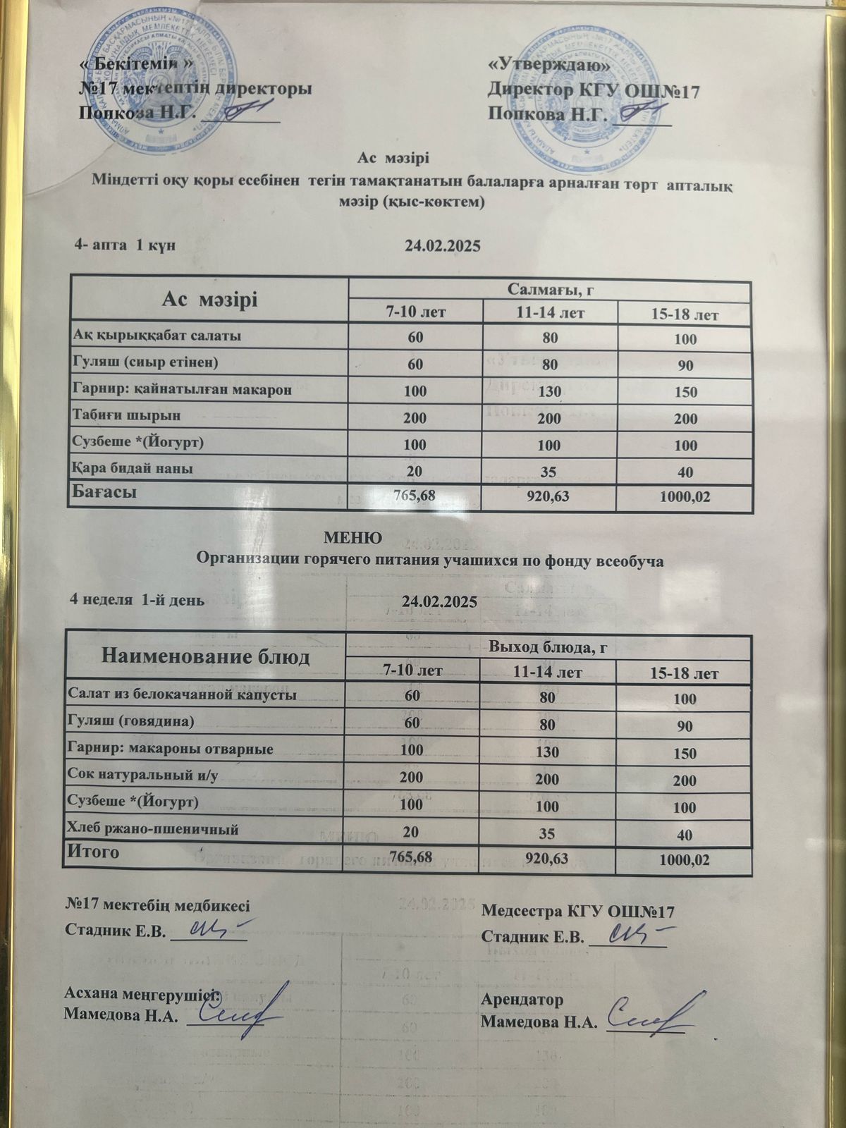 Ас мәзірі 24.02.2025ж. Меню 24.02.2025г.
