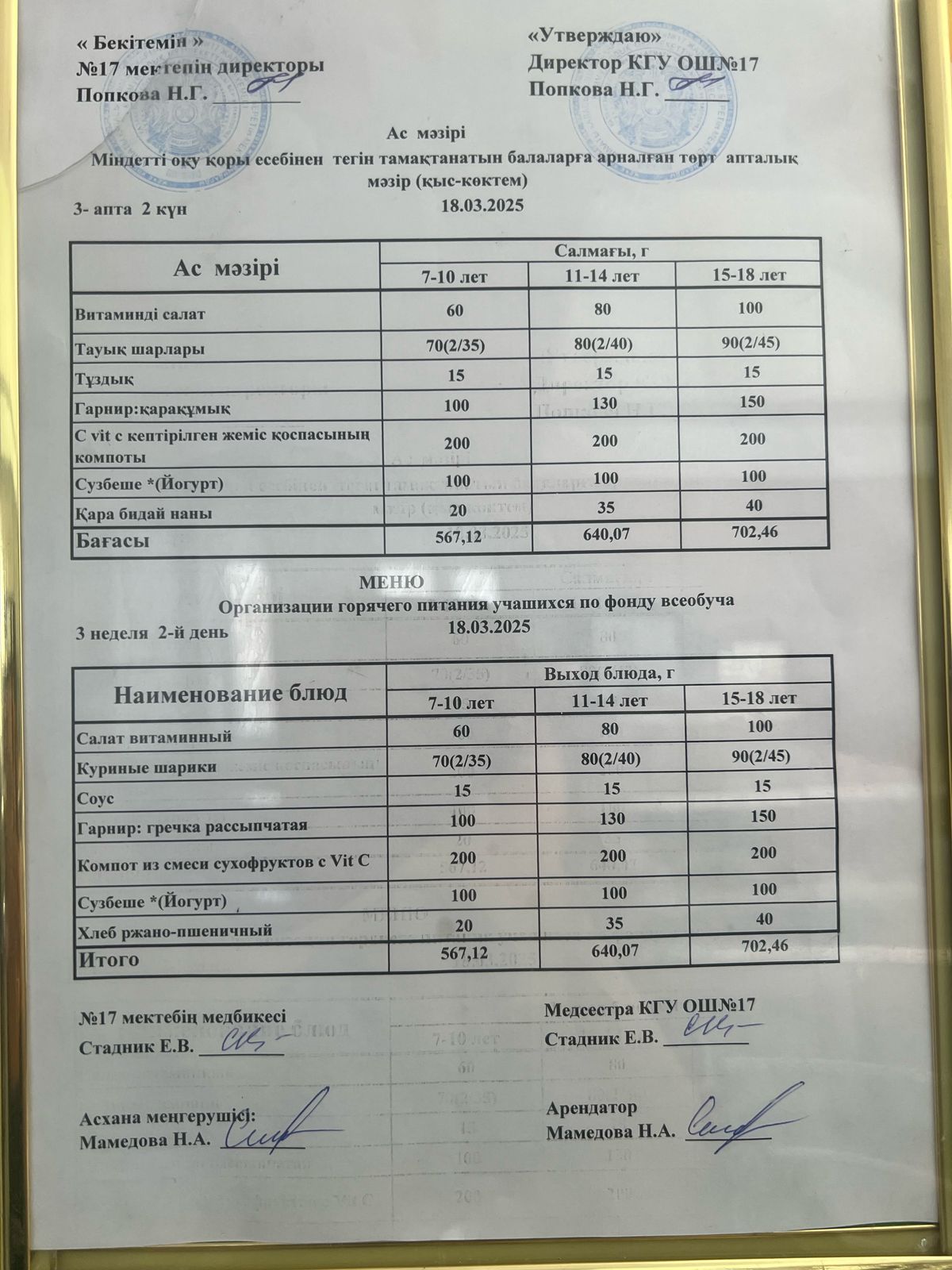 Ас мәзірі 18.03.2025ж. Меню 18.03.2025г.