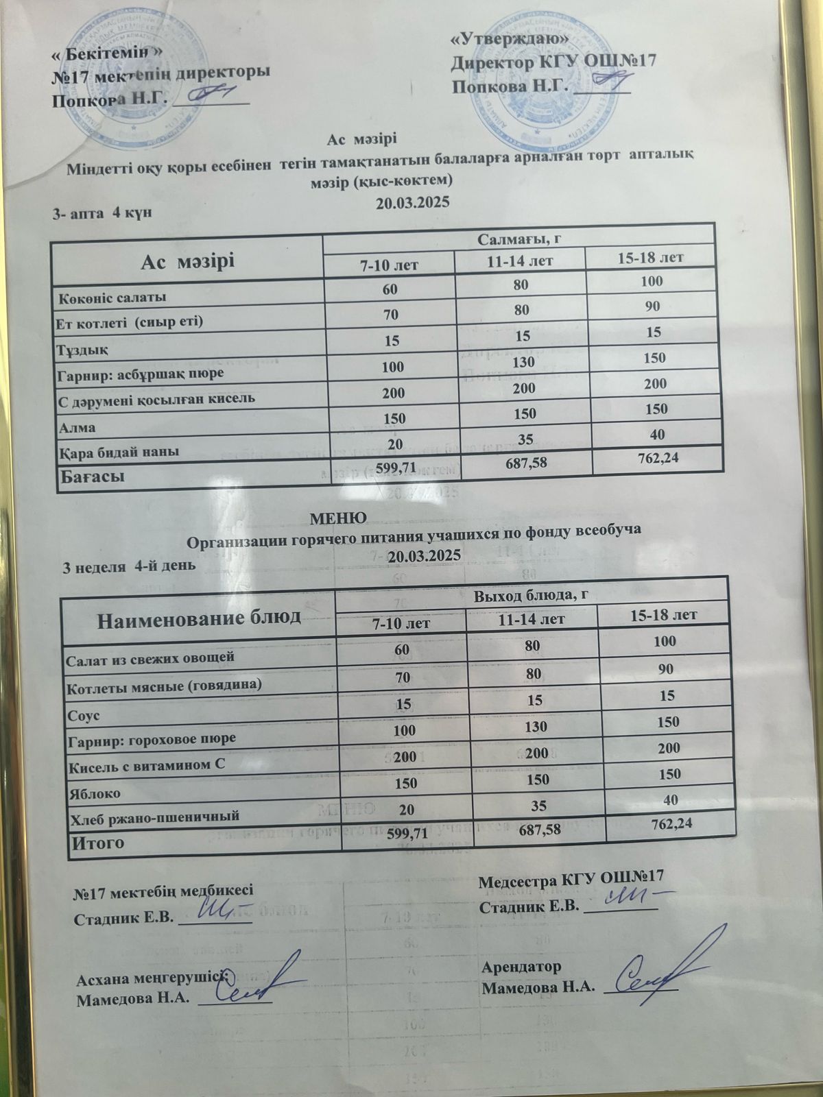 Ас мәзірі 20.03.2025ж. Меню 20.03.2025г.