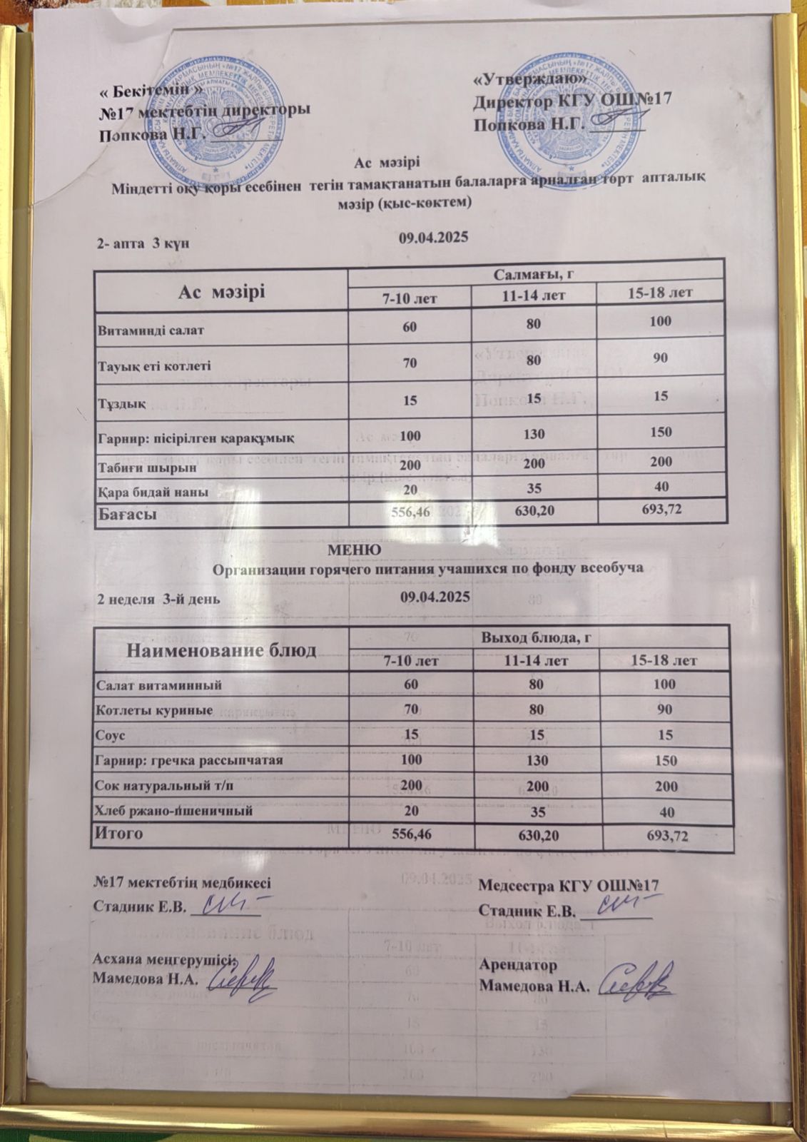 Ас мәзірі 09.04.2025ж. Меню 09.04.2025г.