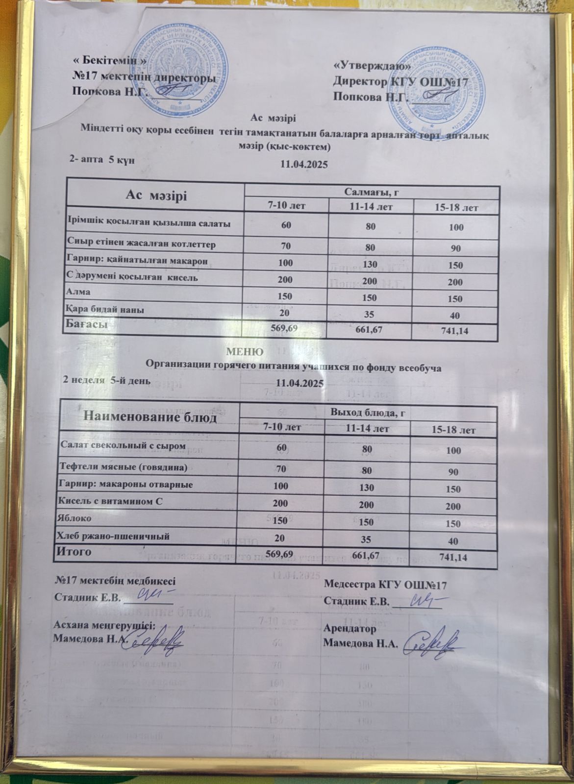 Ас мәзірі 11.04.2025ж. Меню 11.04.2025г.