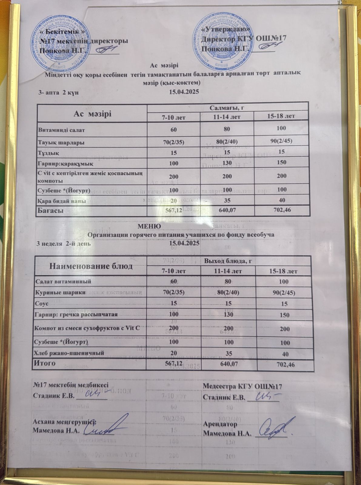 Ас мәзірі 15.04.2025ж. Меню 15.04.2025г.