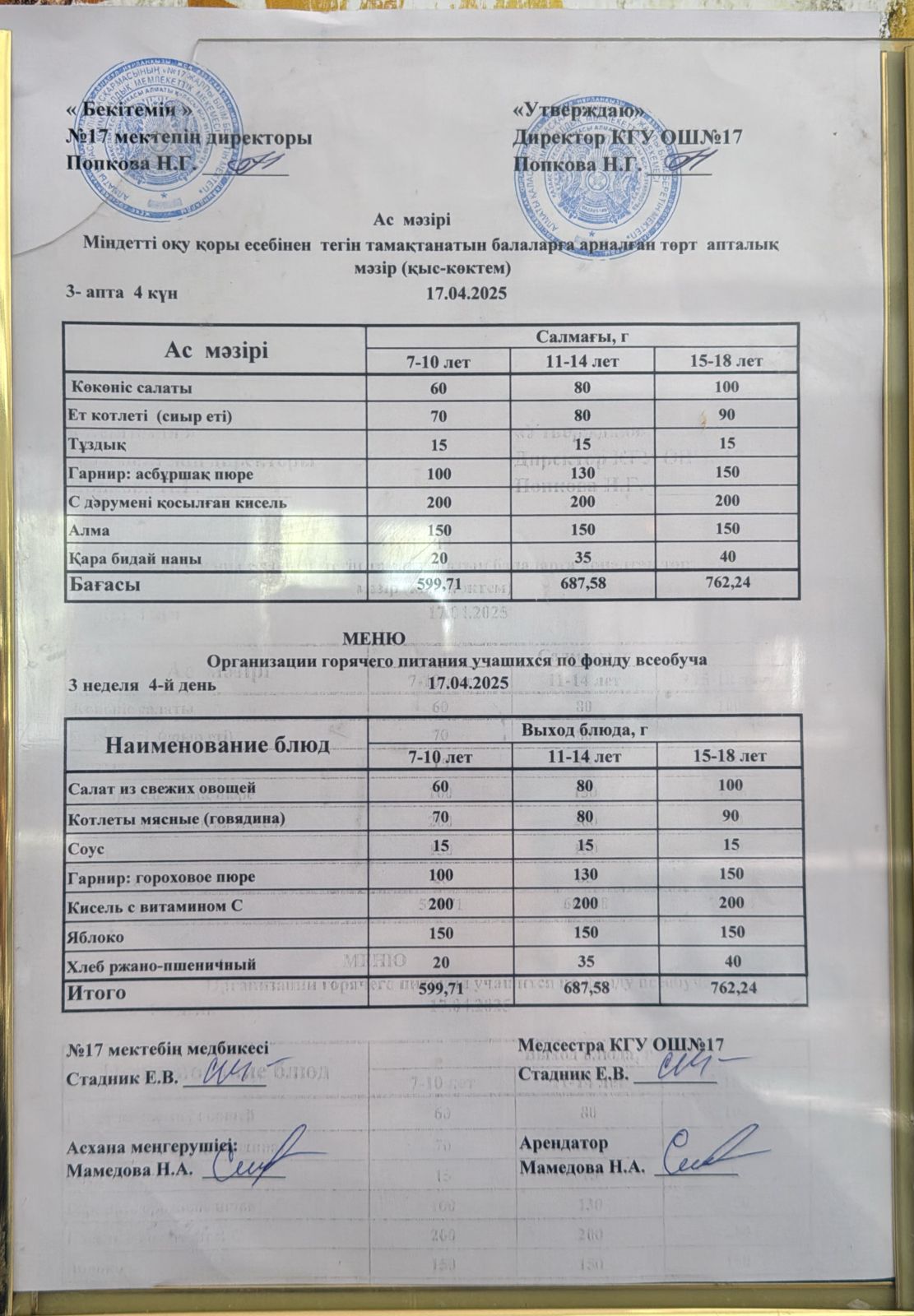 Ас мәзірі 17.04.2025ж. Меню 17.04.2025г.