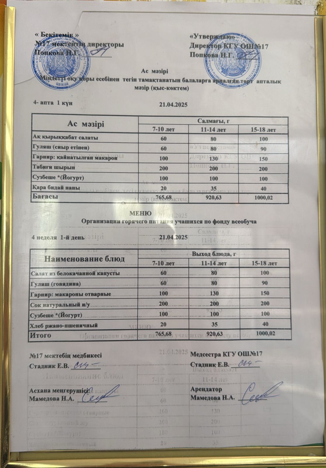 Ас мәзірі 21.04.2025ж. Меню 21.04.2025г.